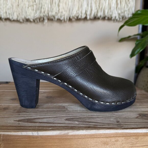 Maguba Stockholm Olive Green Genuine Leather Dark Wood Heeled Mule Clog Size 6 - Picture 5 of 15